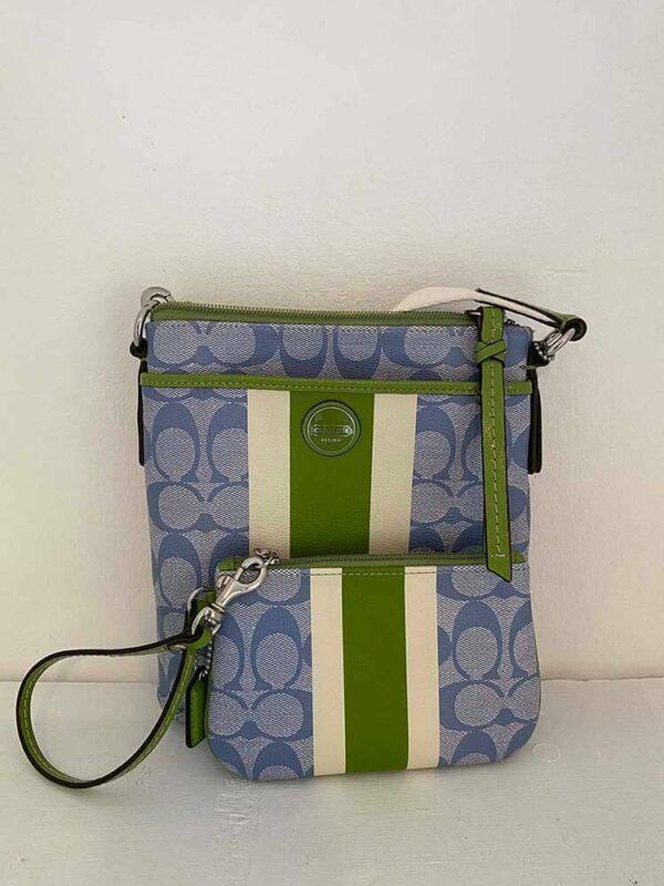 coach signature crossbody and wristlet blue and green
