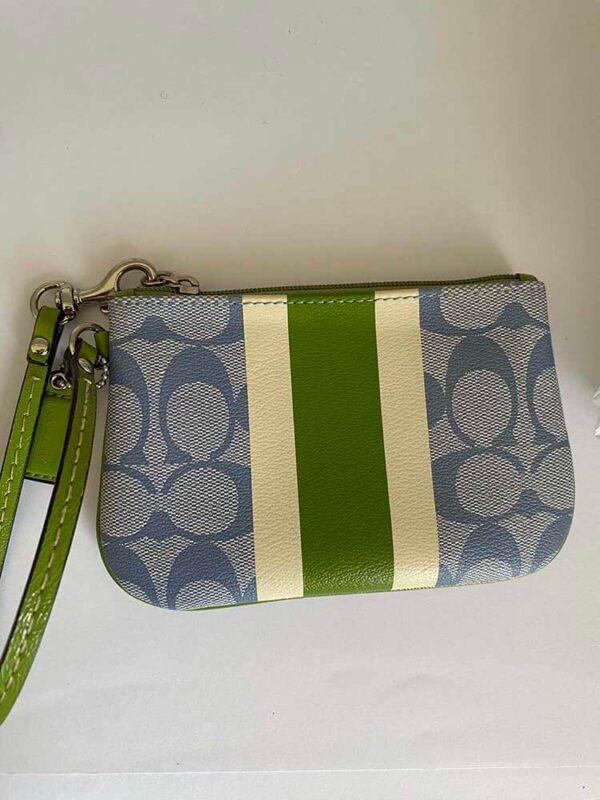 coach signature wristlet blue and green front